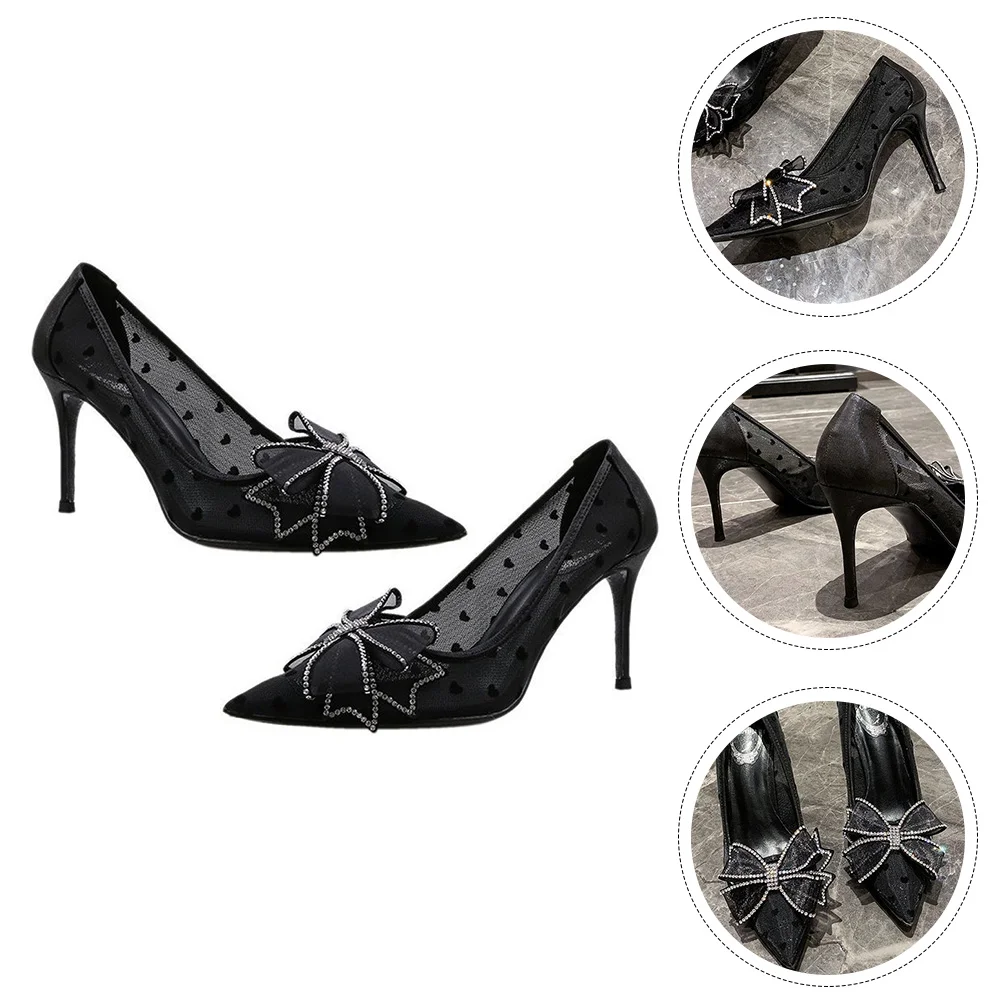 

1 Pair Woman Net Yarn High Heels Stiletto Shoes Bow-knot Shoes Pointy-toe Heels for Female Summer