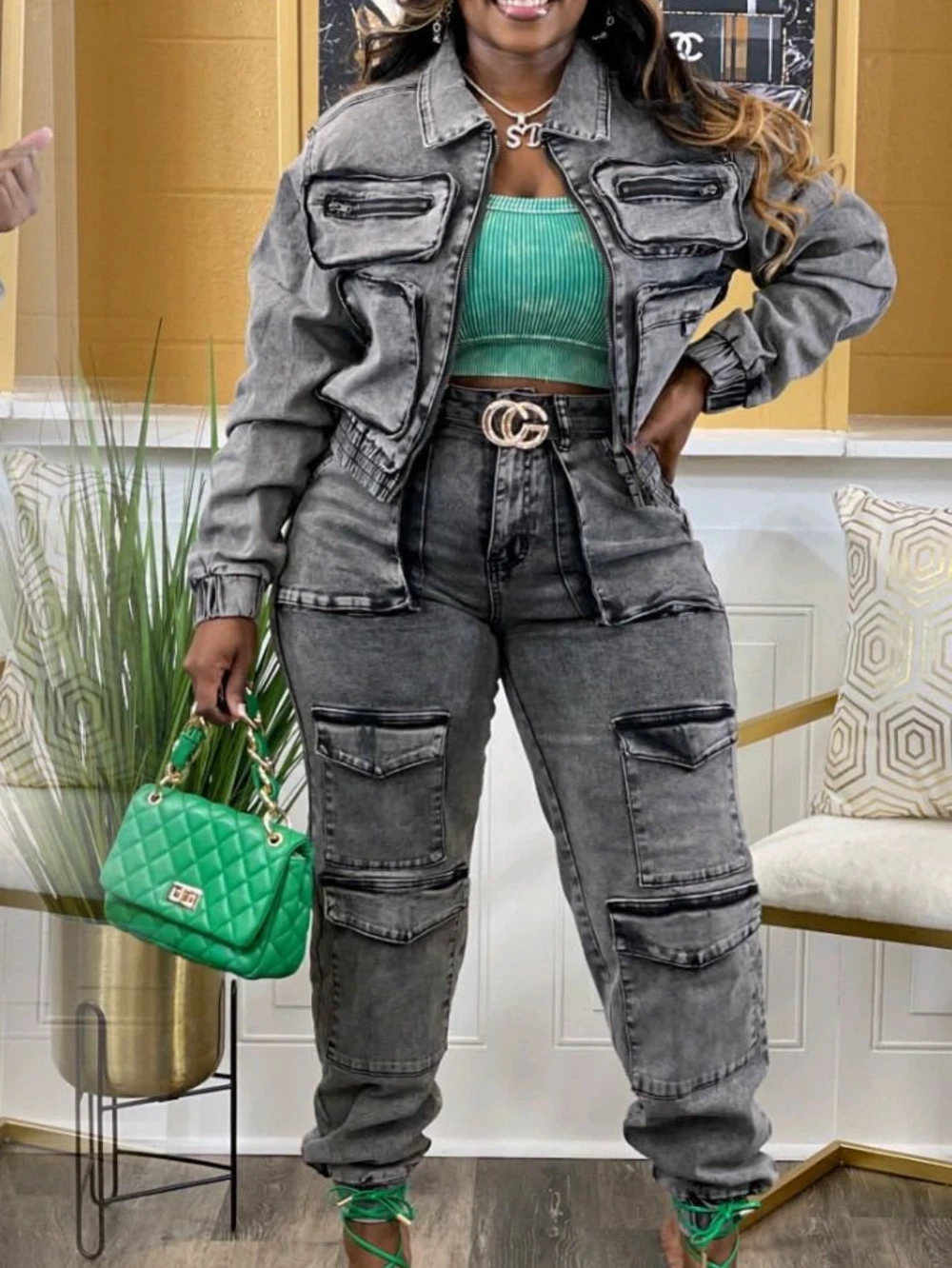 Повседневный женский джинсовый костюм из двух предметов пальто на молнии с