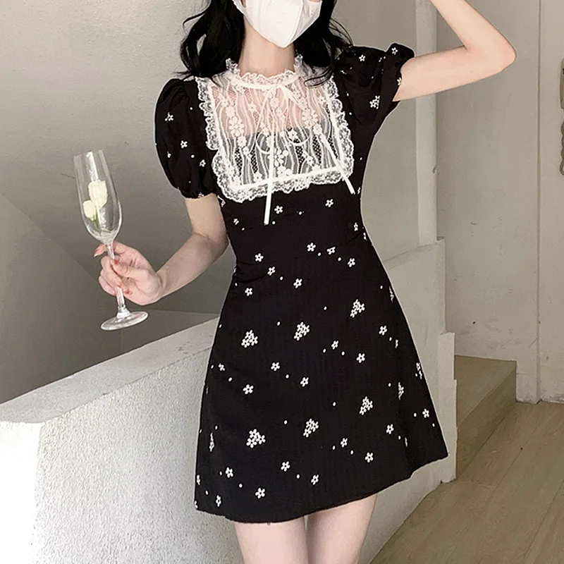 

Korean Floral Print Dress Women Summer Short Sleeve Lace Patchwork Mini Dress Vintage Elegant Party Dress Female