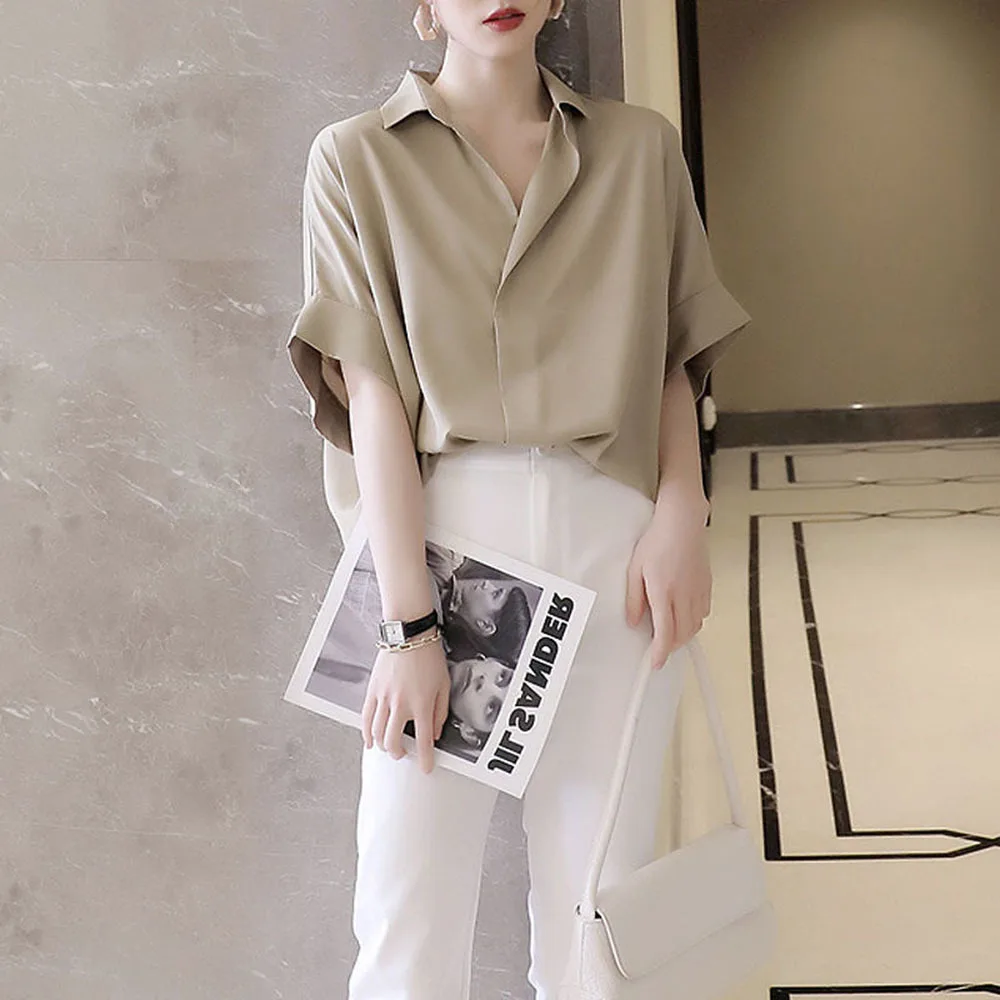 

Женская Элегантная блузка цвета хаки, офисные деловые базовые Топы, белые летние женские шифоновые блузки, женские блузки, 2022