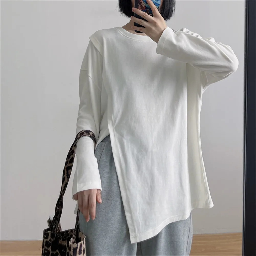 

Round Neck Standard Plain Long Sleeve Loose Women's T-Shirt Casual Solid Color Irregular Basic Fashion Patchwork Female Top