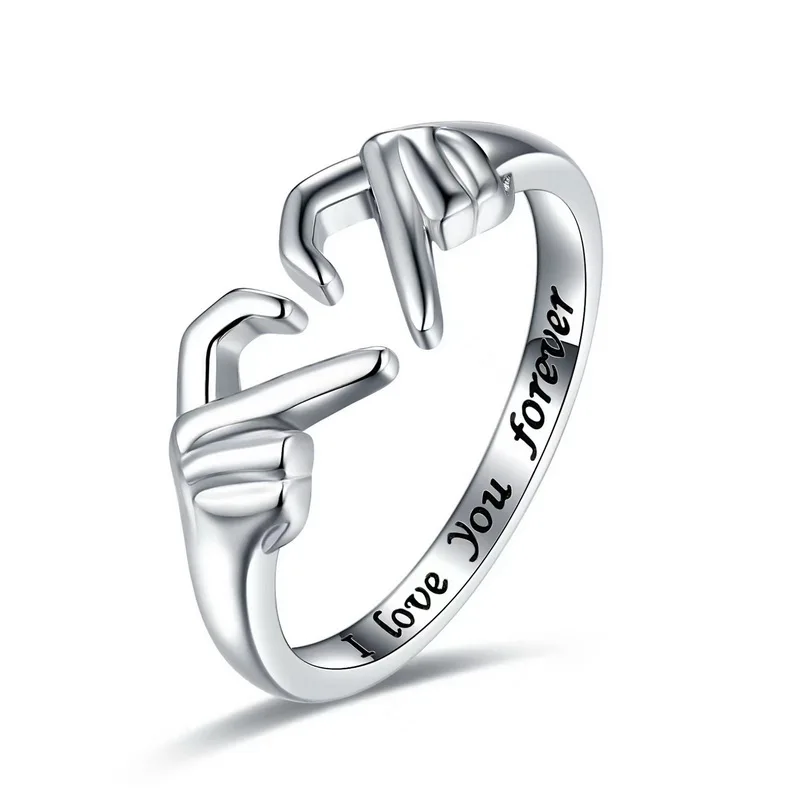 

Romantic Heart Hand Hug Couple Ring for Women Men I Love You Forever Carved Lettering Adjustable Finger Ring Wedding Jewelry