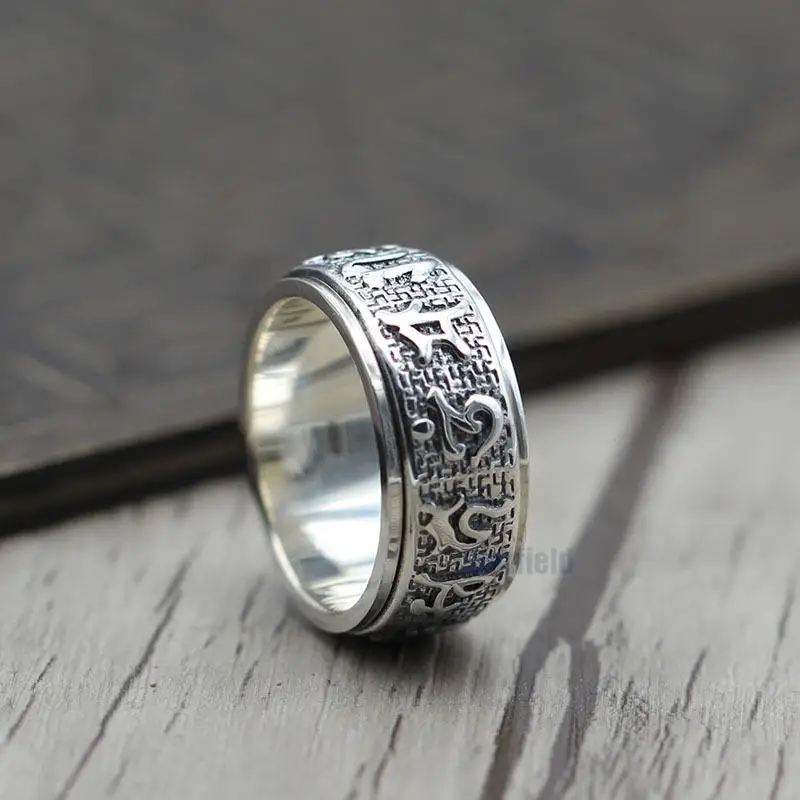 

S925 Sterling Silver Retro Buddhism Six Words Mantra Can Be Rotated Personality Refers Thai Silver Jewelry Men Women Ring