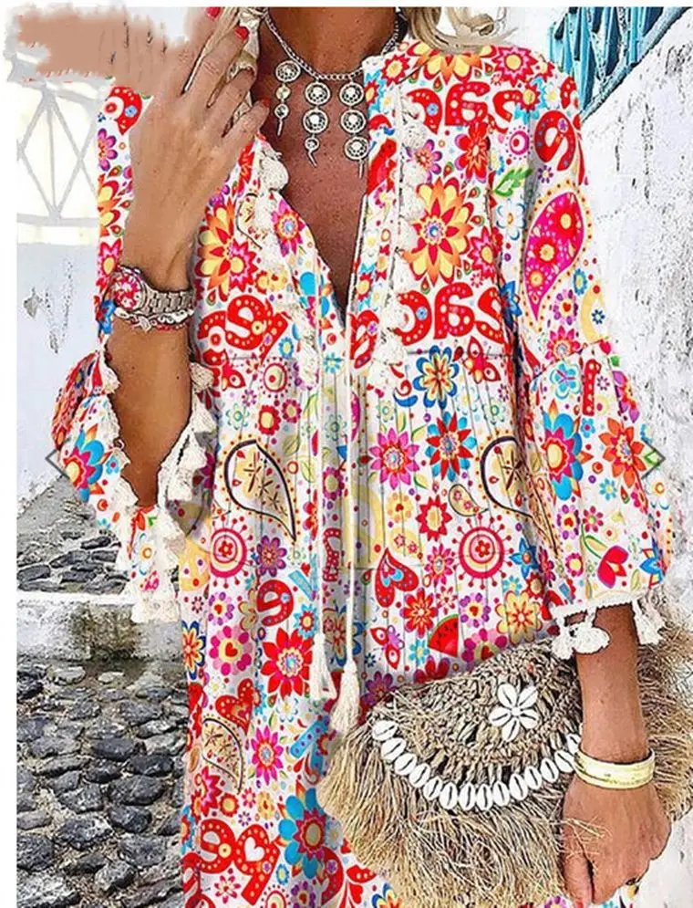

2022 Spring Summer Tassels Flower Print Women Loose Dress Summer Mini Dress