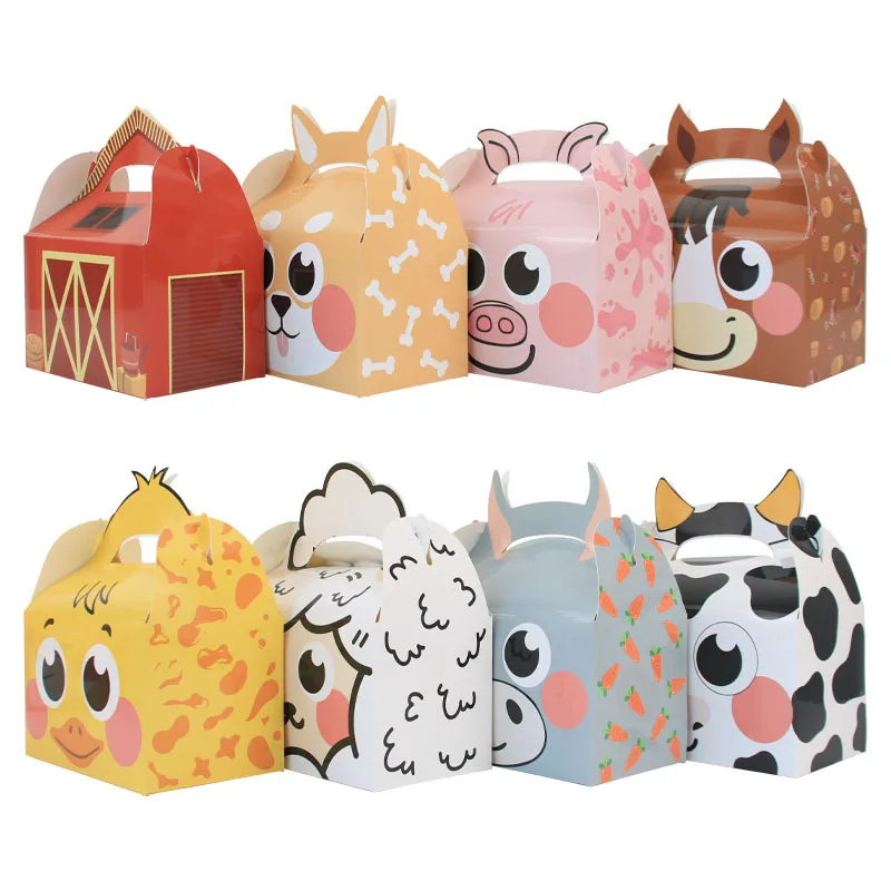 

8Pcs Lovely Paper Candy Cookie Gift Box With Handle Cartoon Animal Cake Packaging Bag Birthday Wedding Event Party Decorations