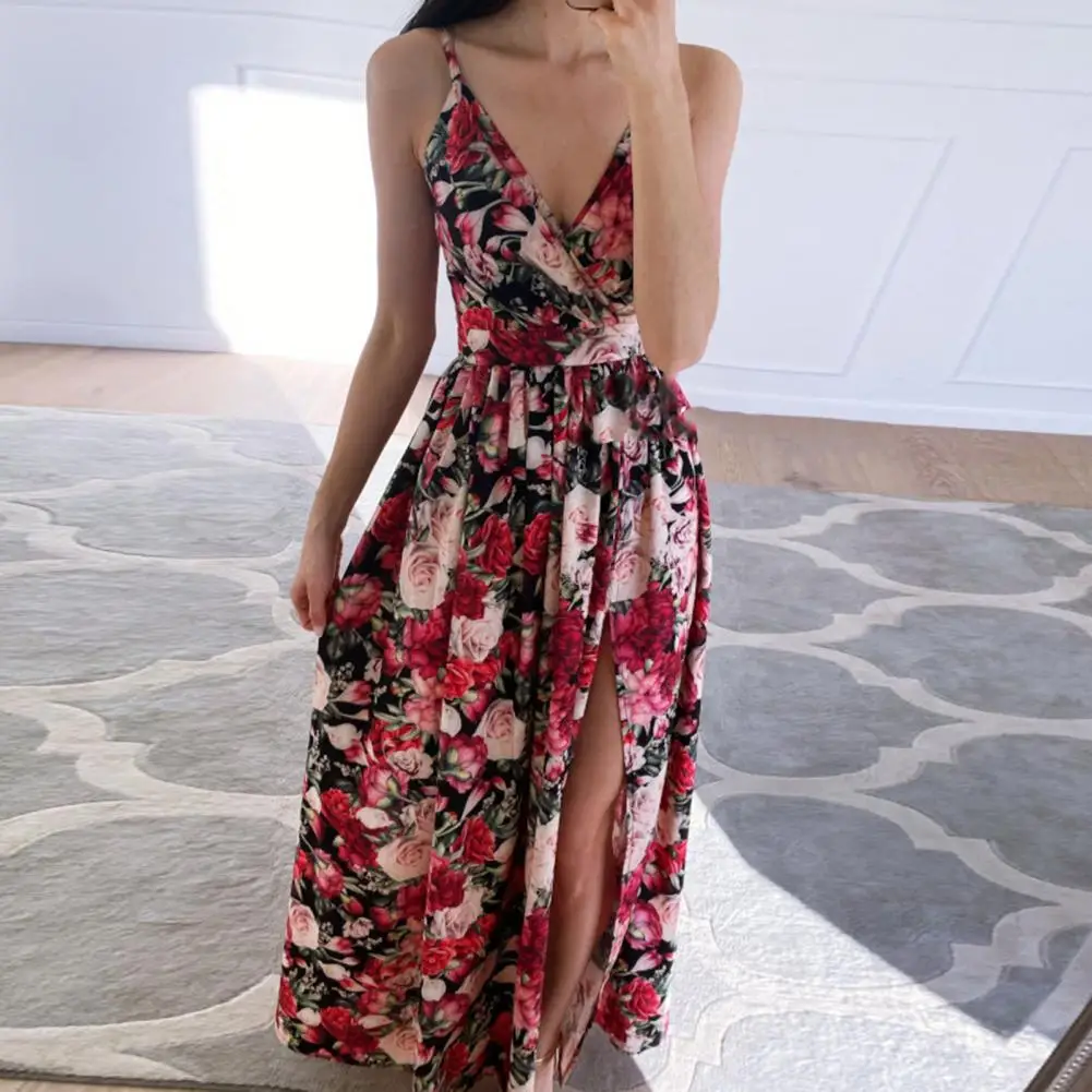 

Fashion Maxi Dress Breathable Flower Print Beach Dress Loose Hem Sleeveless Beach Dress