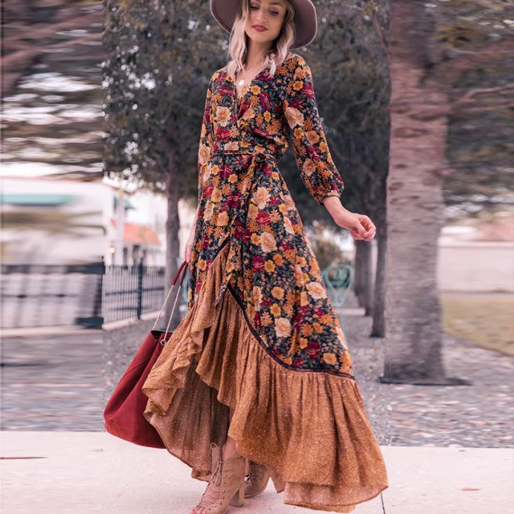 

Bellflower Floral Vintage Print Maxi Dress Women Irregular Bohemian Robe Elegant Holiday Long-Sleeve Party Long Dresses Pareos