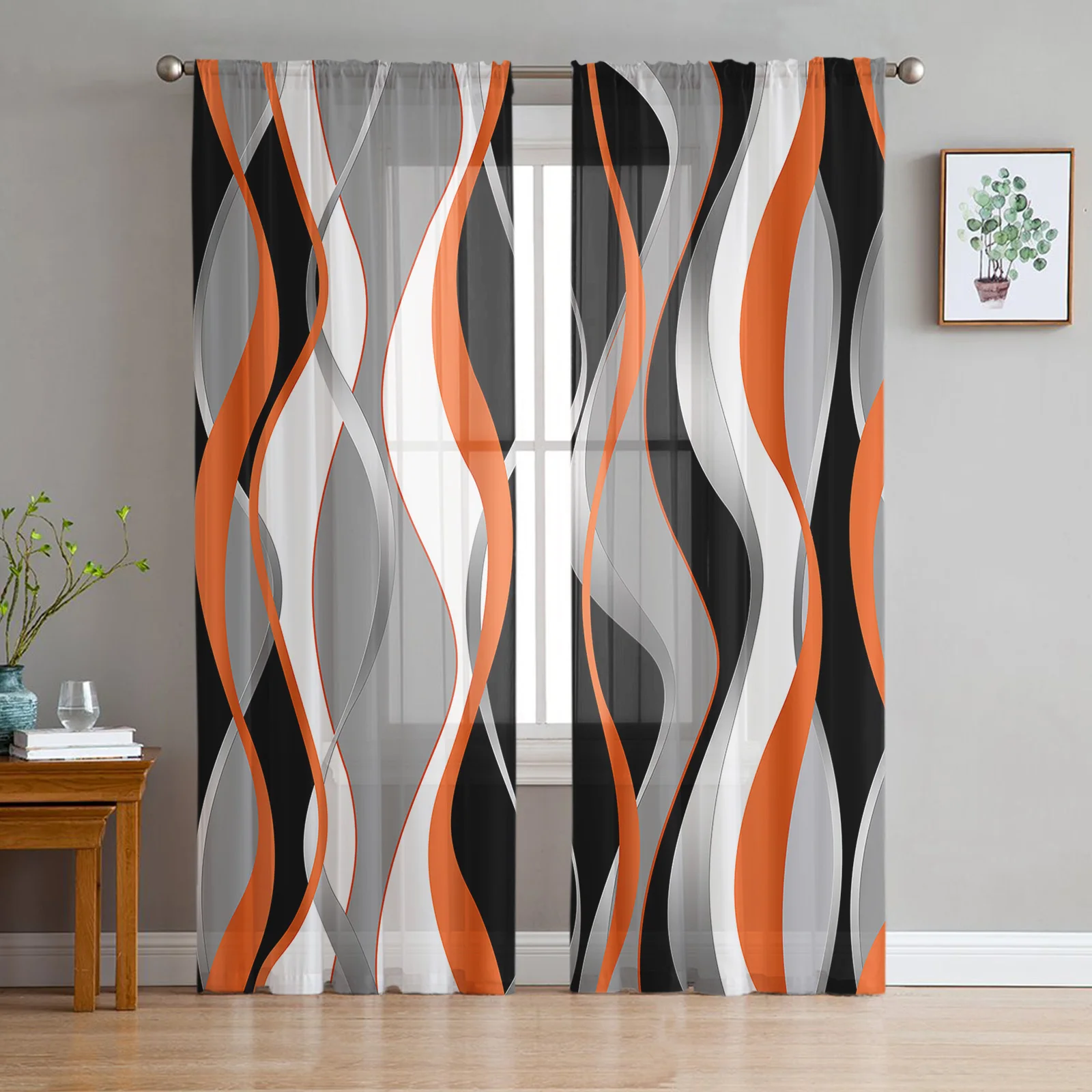 

Abstract Lines Orange Tulle Curtains for Living Room Geometric Sheer Voile Curtain for Bedroom Kitchen Window Drapes Blinds