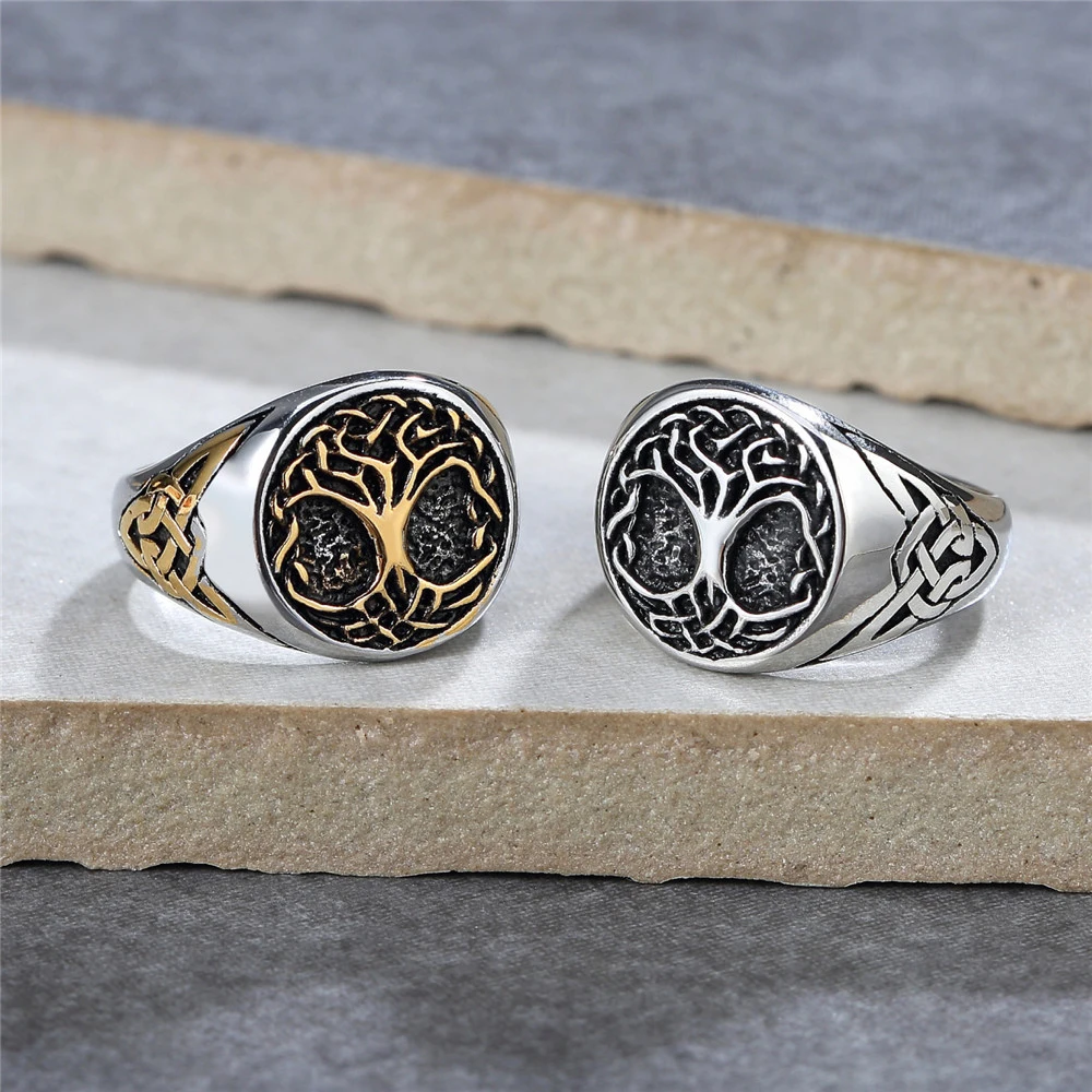 

Vintage Gold/Steel Viking Tree Of Life Ring Men Nordic Stainless Steel Odin Celtics Knot Ring Fashion Biker Jewelry Amulet Gift