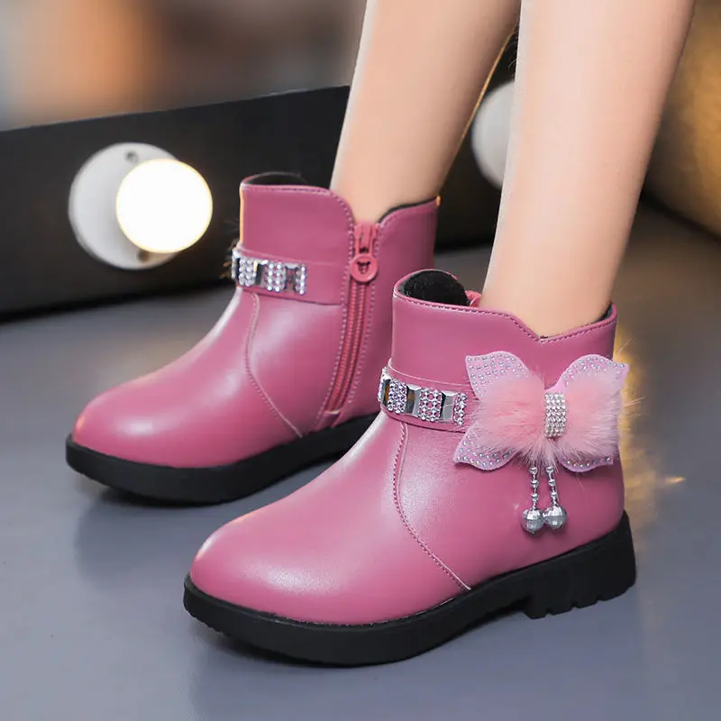 2023 Winter Kids Leather Boots  Girls Boots New Warm Elegant Princess Plush Furry  Bowtie Leather Boots Children's Cotton Boots