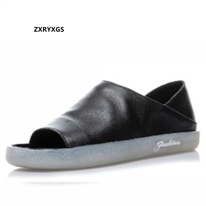 

2022 New High Quality Full Genuine Leather Fish Mouth Shoes Women's Flat Sandals Spring Summer Travel Casual Shoes Woman Flats