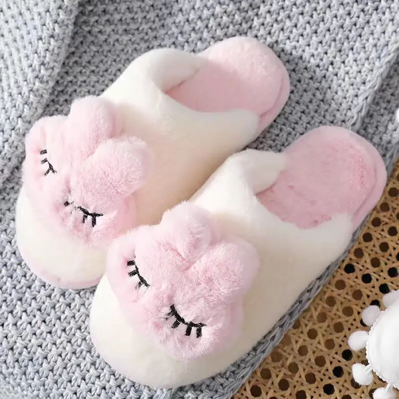 Cute Rabbit Cartoon Home Slippers Women Winter Warm Fur Shoes Men Plush Slipper Couples Indoor Soft Bottom Floor Slippers