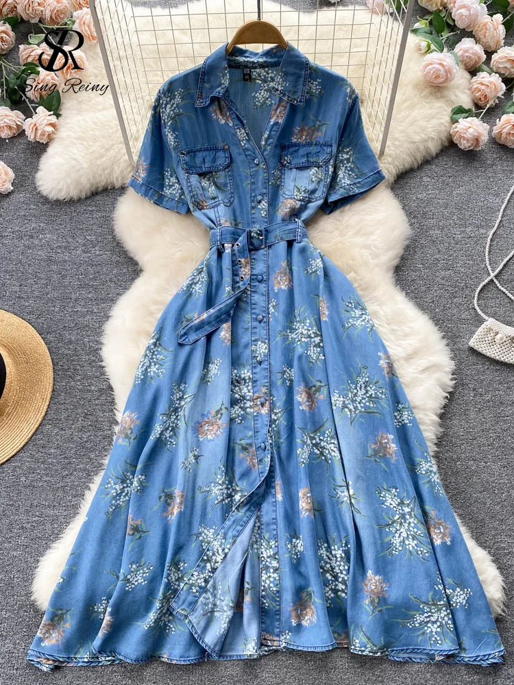 

LIRUICHENG Denim Floral Print Women Dress Single Breasted Slim Sashes Pocket Summer 2023 Ladies A Line Long Dresses