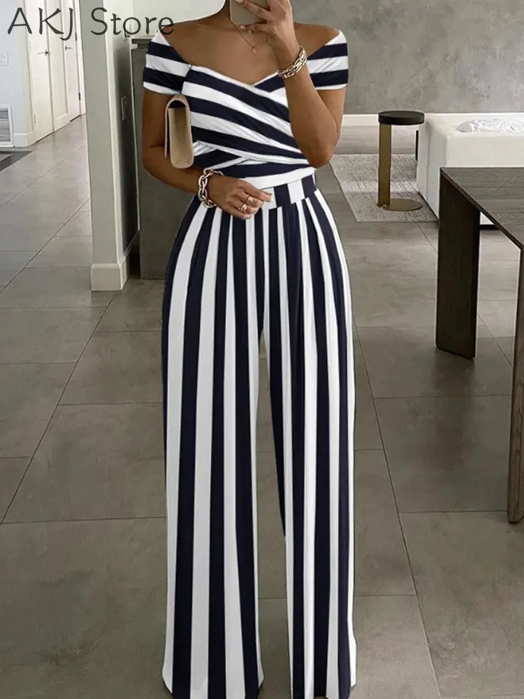 

Летний женский комбинезон в полоску с широкими штанинами, длинные брюки, комбинезоны