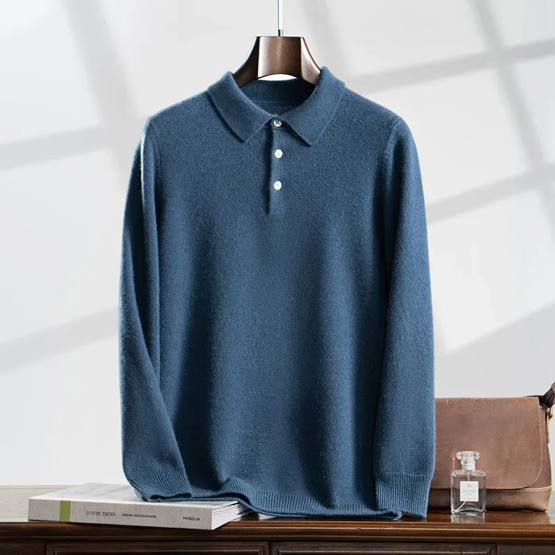 Осень/зима новый однотонный пуловер-поло вязаный шерстяной топ мужская верхняя