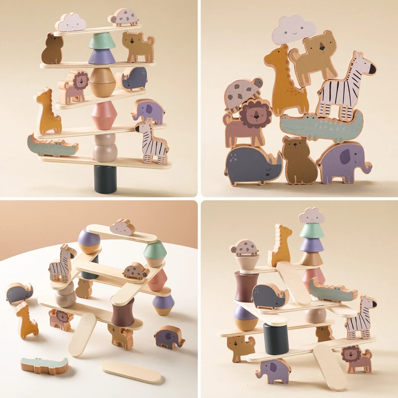 

Children Wooden Toys Animal Balance Blocks Board Game Wood Animal Educational Stacking Building High Block Constructor Gifts