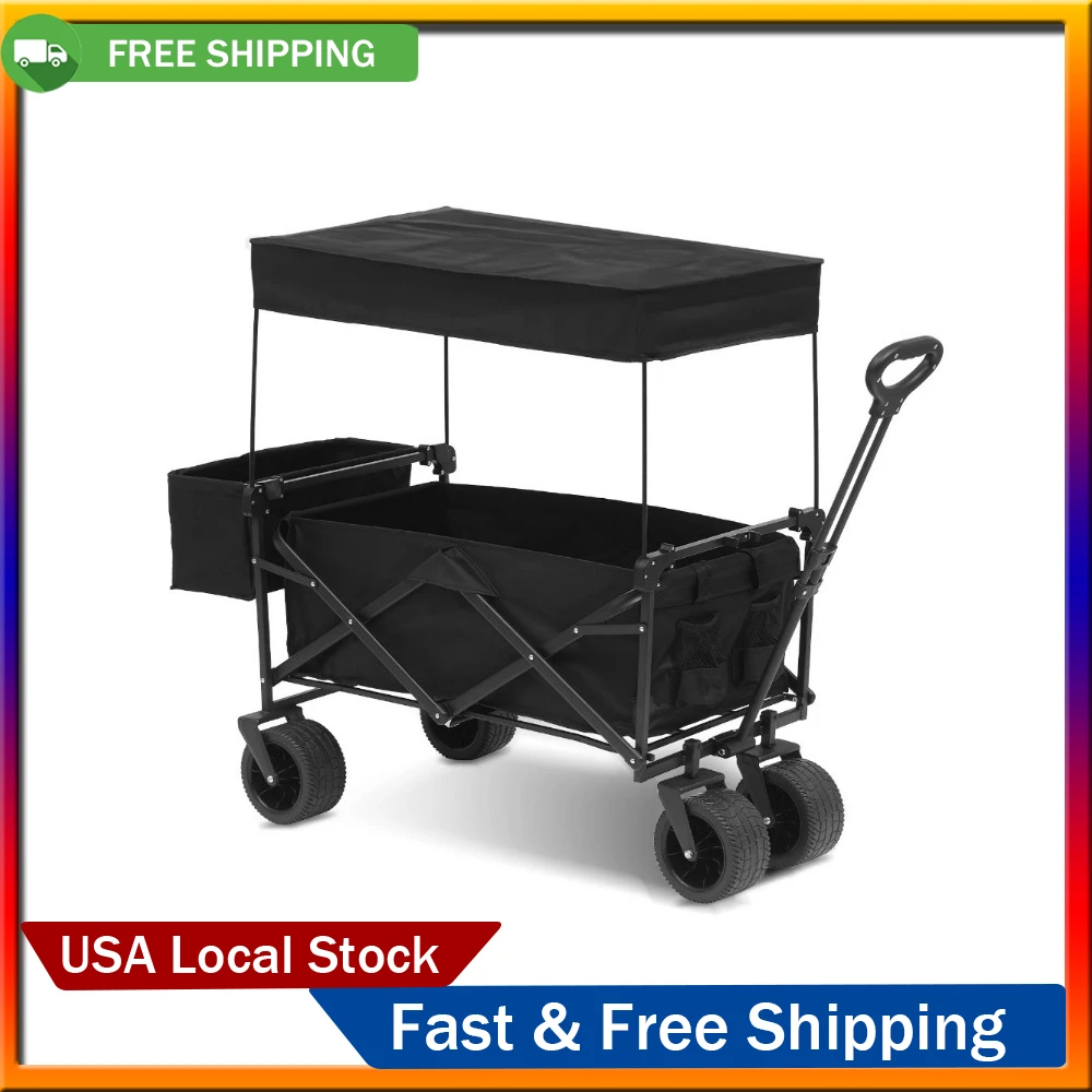 Canopy Wagon Cart Folding Garden Cart with Removable Canopy 600D Oxford Cloth 7 inch Wheels, Black