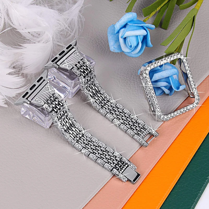 Stainless Steel Metal Strap For Apple Watch Band 8 7 6 44mm 40mm 45mm 42mm Diamond Case Women Bracelet For iWatch Series SE 5 3
