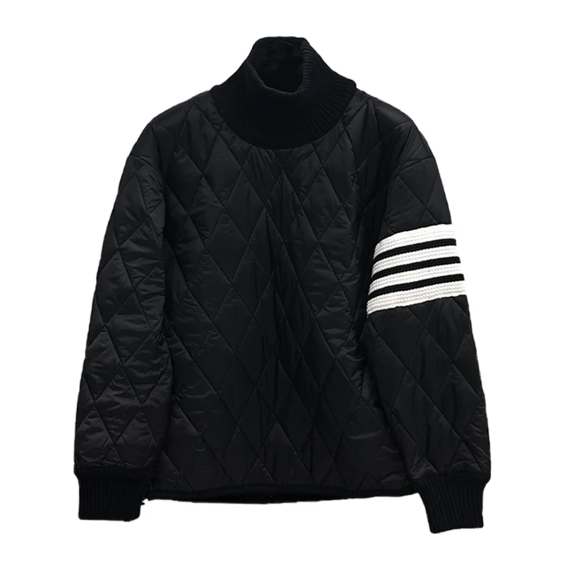 TB THOM Men's Winter Jacket Fashion Brand Coat White 4-Bar Stripe Diamond LatticeTurtleneck Cotton-Padded Pullovers TB Jackets