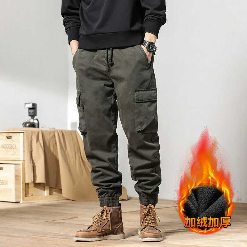 Winter Men's Cargo Pants 2023 New Multi-Pockets Thick Warm Fleece Trousers Male Streetwear Slim Casual Cotton Thermal Joggers