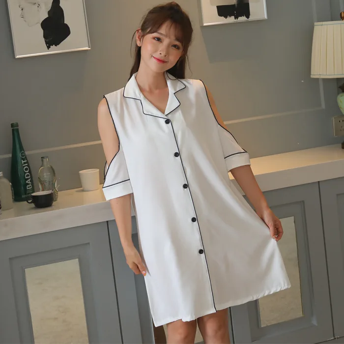 White Strapless Nightdress Women 2021 Half Sleeve Strapless Casual Sexy Rayon Thin White Cardigan Shirt Sleepdress Nightwear