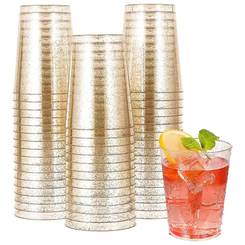 

Wedding Transparent Disposable Golden Party Supplies Cup Birthday Glass Banquet Glitter Plastic Tableware 25pcs/set Retro 10oz