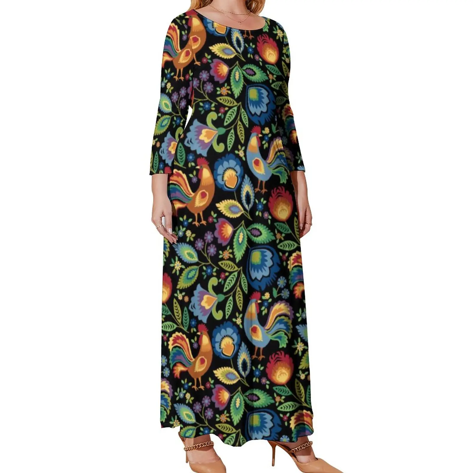 

Pretty Chicken Dress Folk Roosters Leaf Print Street Fashion Beach Dresses Women Long-Sleeve Modern Maxi Dress Plus Size Vestido