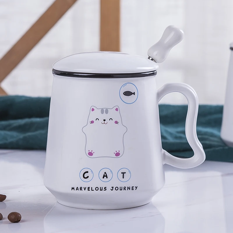 

Korean Cartoon Mug Cute Creative White Ceramic Mug for Couple Modern with Spoon with Lid Tazas Cafe Student Milk Mug MM60MKB