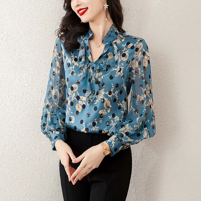 

Женская шифоновая блузка в горошек, элегантная плиссированная рубашка с V-образным вырезом и длинным рукавом, весна 2023