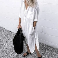 Women's Cotton Linen Shirt Dresses Loose Long Sleeve Turn-Down Collar Pullover Solid Dresse Casual Holiday Beach Party Sundress 1