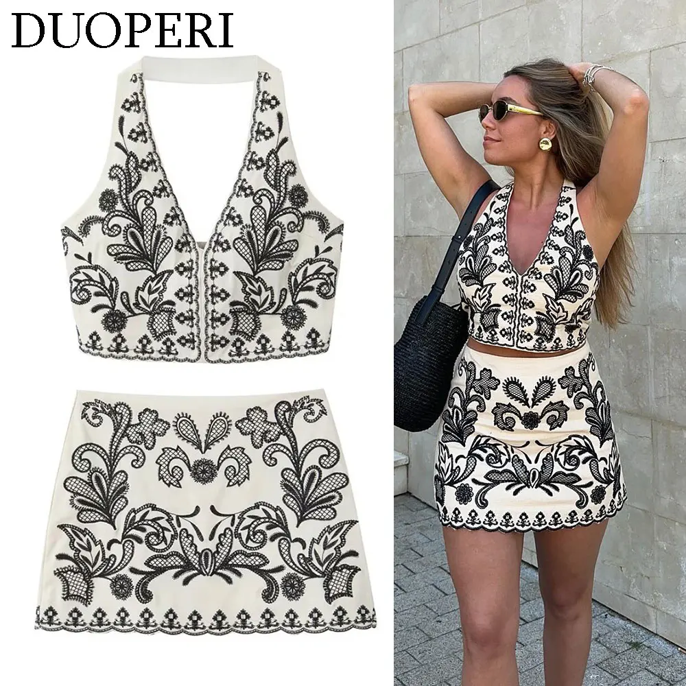DUOPERI женский винтажный комплект платьев 2024 новый стиль с вышивкой брендовая