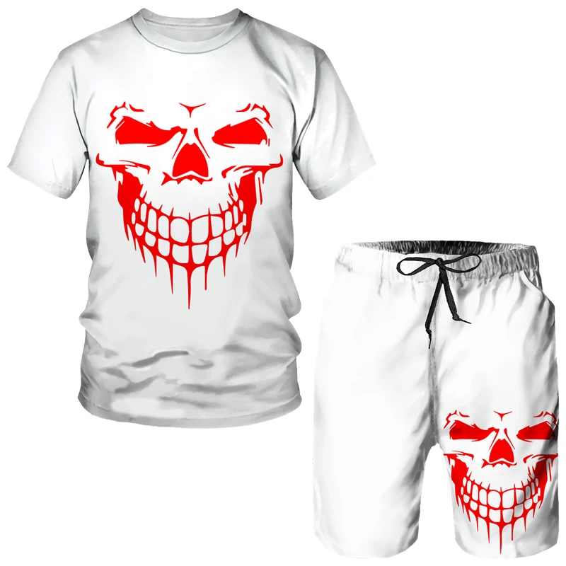 2023 Summer Punk Skull 3D 2 Piece Sets Men's Print Short Sleeve Sportswear Tracksuit Gothic Graphic Top Shorts Suit Male Outfits