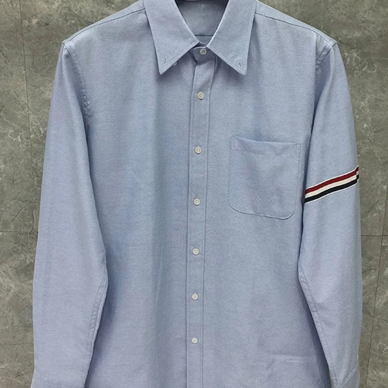 TB THOM Men's Long Sleeve Luxury Comfort Flex Shirt Spring Autumn Fashion Brand Blue Men's Single Armband Stripe Cotton Shirt