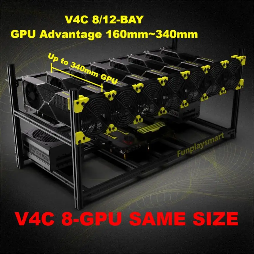 Funplaysmart V4C 8-GPU Aluminum Mine Case, Stackable Miner Frame, Open Rig Rack with Fan Bracket, Ethereum(ETH,ETC)/Monero(XMR)