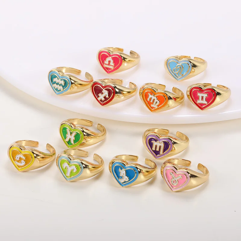 

Vintage 12 Constellation Rings For Women Men Adjustment Enamel Love Heart Zodiac Couple Rings Wedding Accessorise anillos mujer