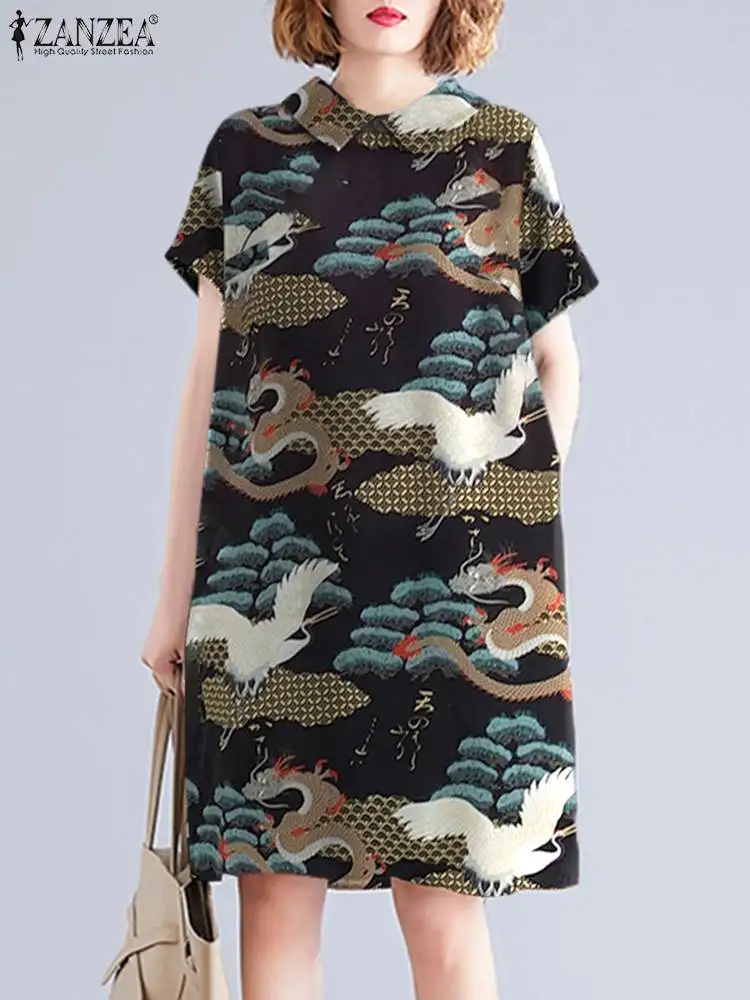 

ZANZEA Vintage Everyday Dress Leisure Holiday Pritning Mini Dress Women Elegant Peter Pan Collar Short Sleeve Short Robes Summer
