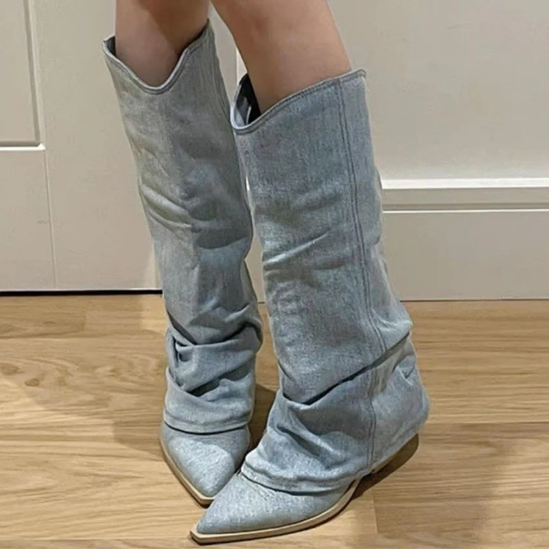 

Cowboy Chelsea Women Knee High Boots Chunky Pointed Toe Winter Ankle Shoes 2023 New Fad Mid Heels Goth Motorcycle Botas Pumps