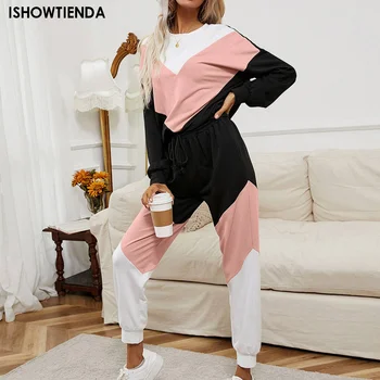Women's Two-piece Set Casual Stitching Color Loose Sweatshirt Set Long Sleeve Splicing Round Neck Top Drawstring Trousers Set 1