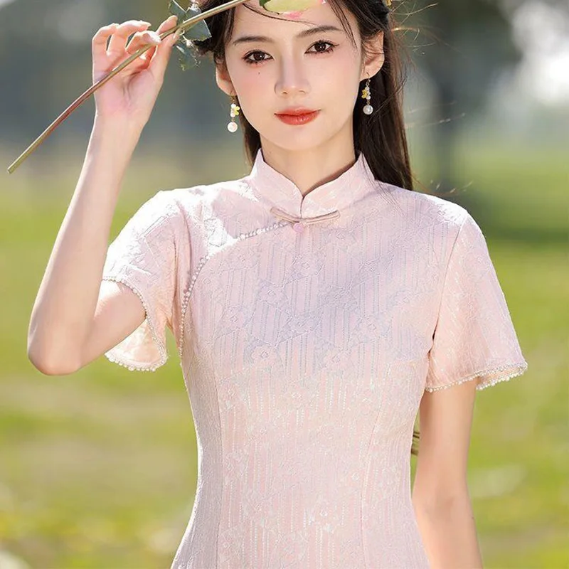 Новинка 2024 женское розовое винтажное короткое платье Cheongsam платья с короткими