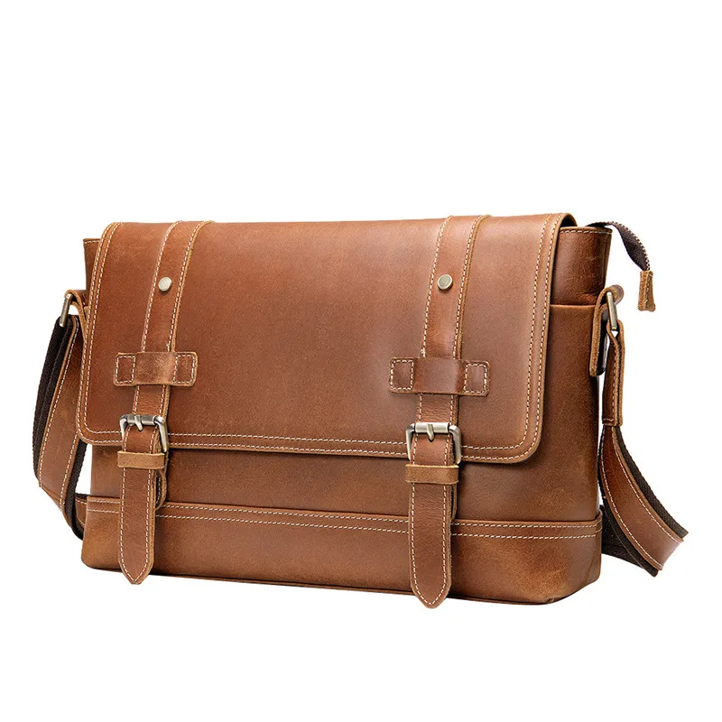 Vintage crazy horse cowhide men's messenger bag designer outdoor travel luxury natural genuine leather work tablet shoulder bag
