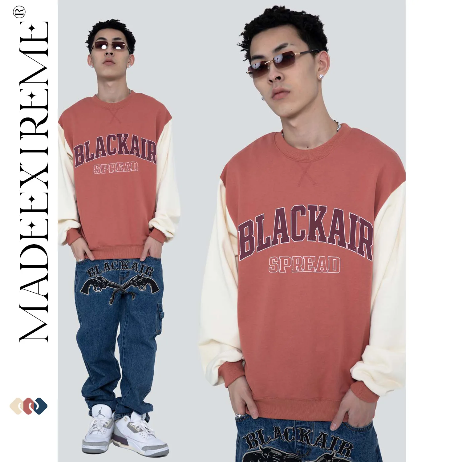 

Мужская/Женская хлопковая толстовка MADEEXTREME в стиле ретро с цветными вставками, одежда для отдыха в стиле хип-хоп, новинка 2022, дизайнерский Св...