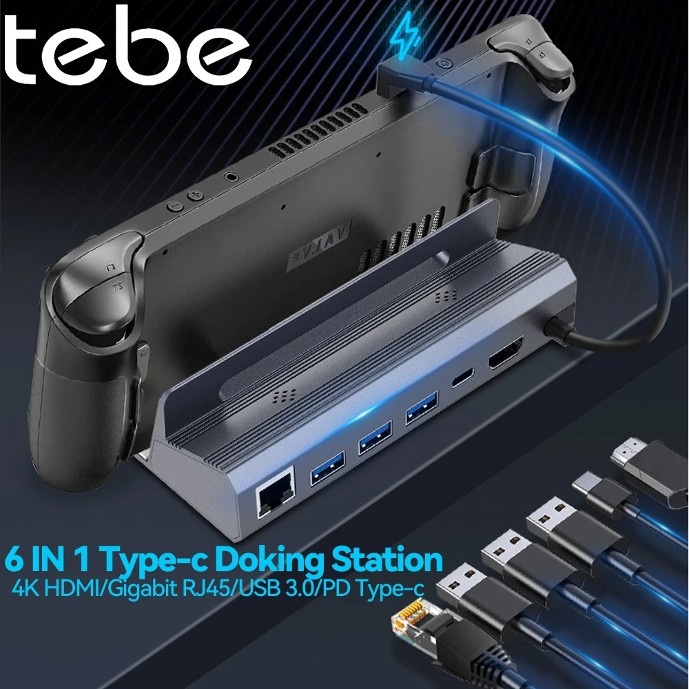 

Tebe USB-C Docking Station for Steam deck Type-c to 4K HDMI-Adapter Gigabit RJ45 Mulit-USB 3.0 Hub Splitter 100W PD Fast Charger
