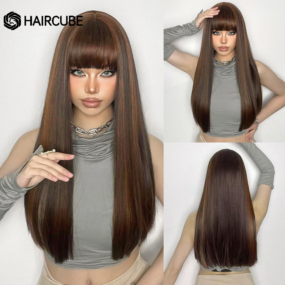 

HAIRCUBE Dark Brown With Highlight Long Straight Synthetic Wigs With Bangs for Women Daily Party Heat Resistant Natural Hair