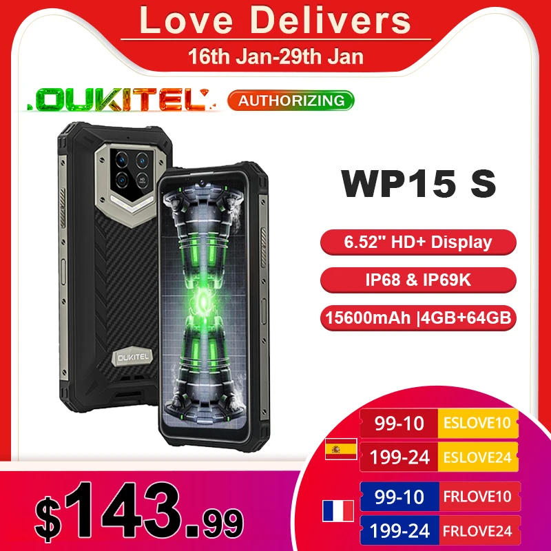 Прочный телефон OUKITEL WP15 S WP15S 15600 мАч 6 52 дюйма HD + IP68 водонепроницаемый с тройной