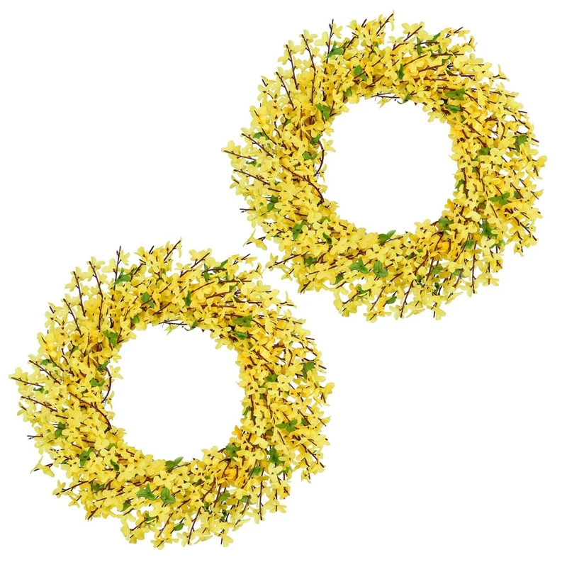 

2X Artificial Forsythia Flower Wreath, Yellow Flower Front Door Wreath Winter Jasminum Wreath For Wedding Wall Decor