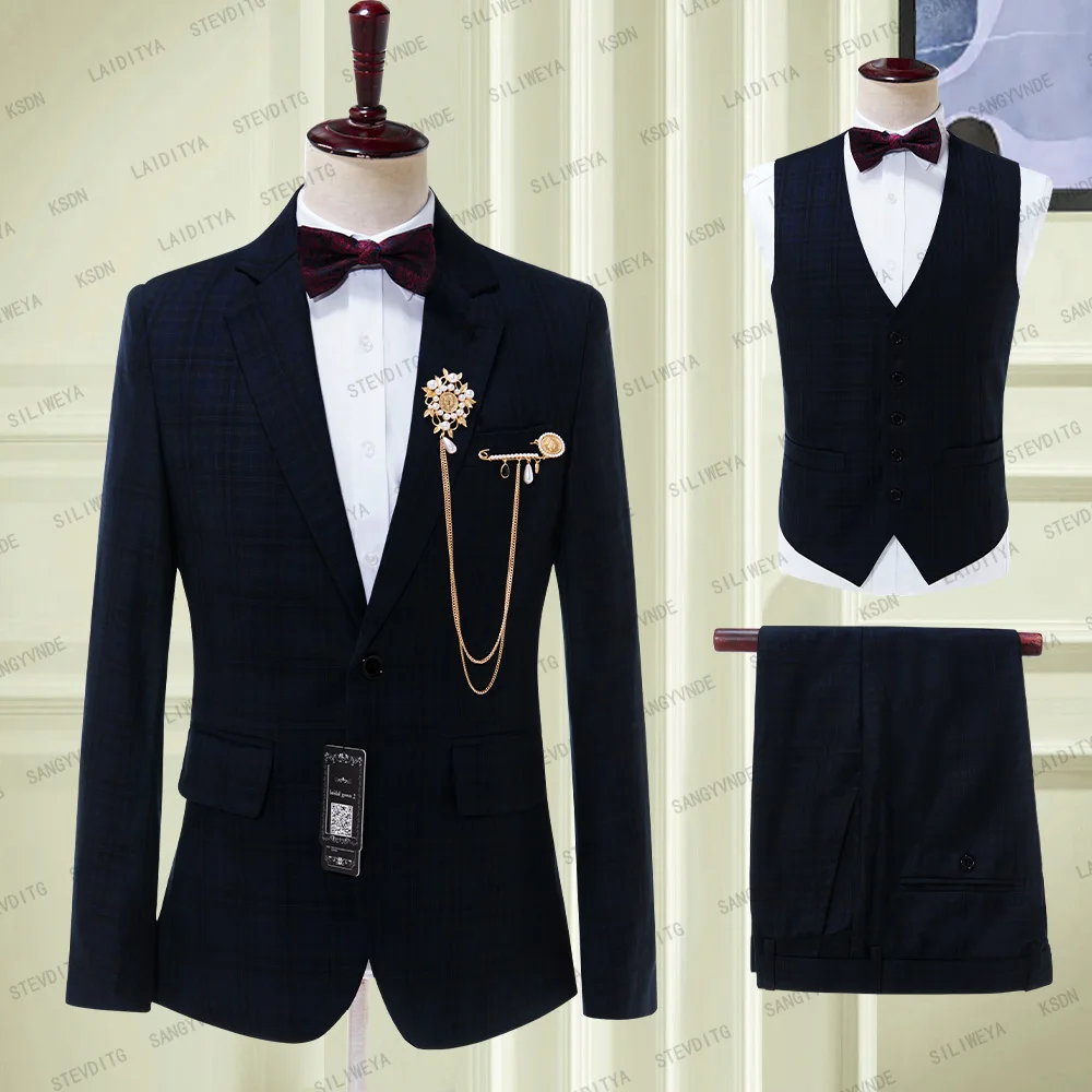 

2023 New Style Dark Blue Male Blazers Slim Check British Business Suit Men Three Piece Wedding Bridegroom( Jacket+Pants+Vest )