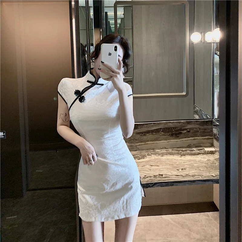 

New Fashion Women Elegant Chinese Style Cheongsam Nightclub Party Sexy Bodycon Retro Slim Split Short Skirt Vintage Qipao Dress