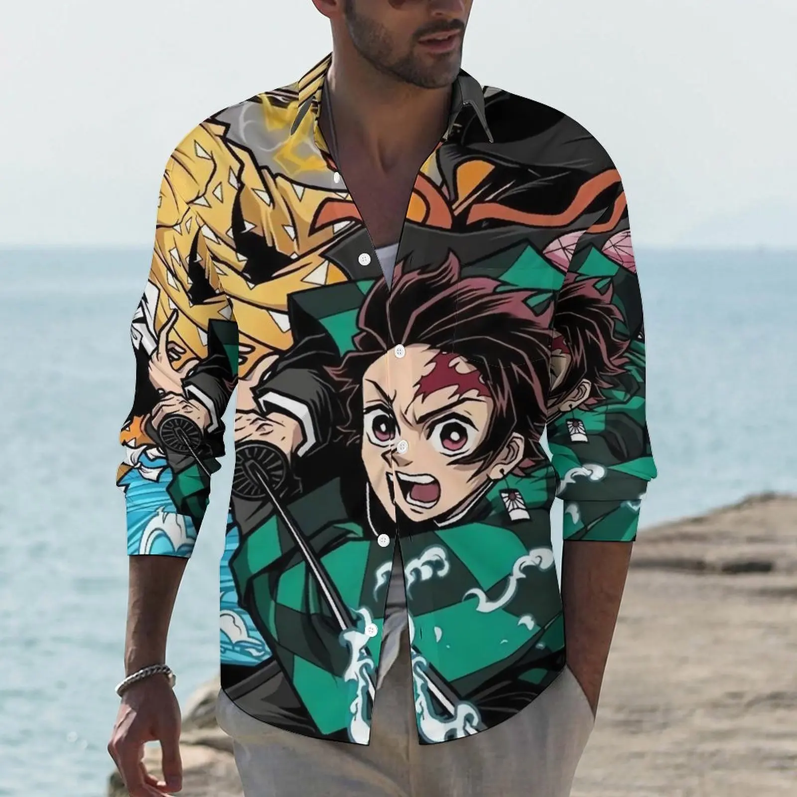 

Demon Slayer Anime Street Style Casual Shirt Kimetsu No Yaiba Shirt Autumn Vintage Blouses Long Sleeve Design Oversized Clothing