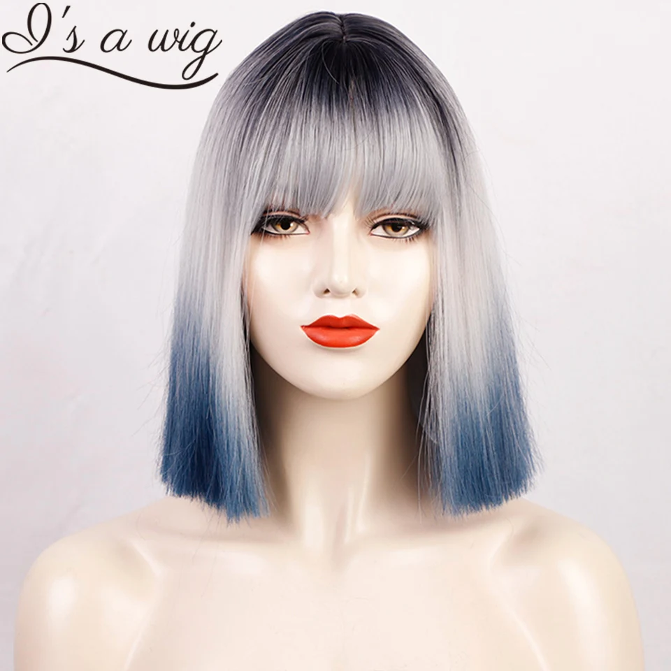 

I's a wig Short Straight Ombre Blue Synthetic Wig with Bangs Natural Straight Black Pink Orange Red Cosplay Wigs for Women