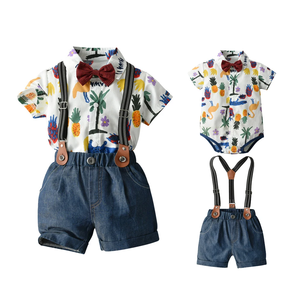 Baby Clothes Boy Hawaii Outfit Summer Short Sleeve Romper with Belt Pants Fashion Clothing for Infant  Birthday Photograph
